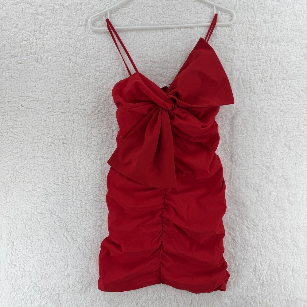 Zara‎ Mini Dress Womens Small Red Bow Front Ruched Bodycon Spaghetti Club Party